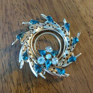 Vintage Phyllis Brooch, Art Deco, 12K Gold Filled, Blue Green Rhinestones